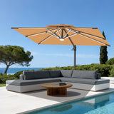 Patioslife tan cantilever parasol with LED lights over poolside sofa and garden lounge area