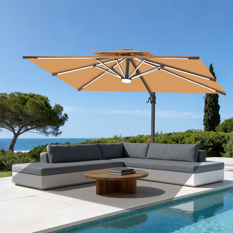 Patioslife tan cantilever parasol with LED lights over poolside sofa and garden lounge area