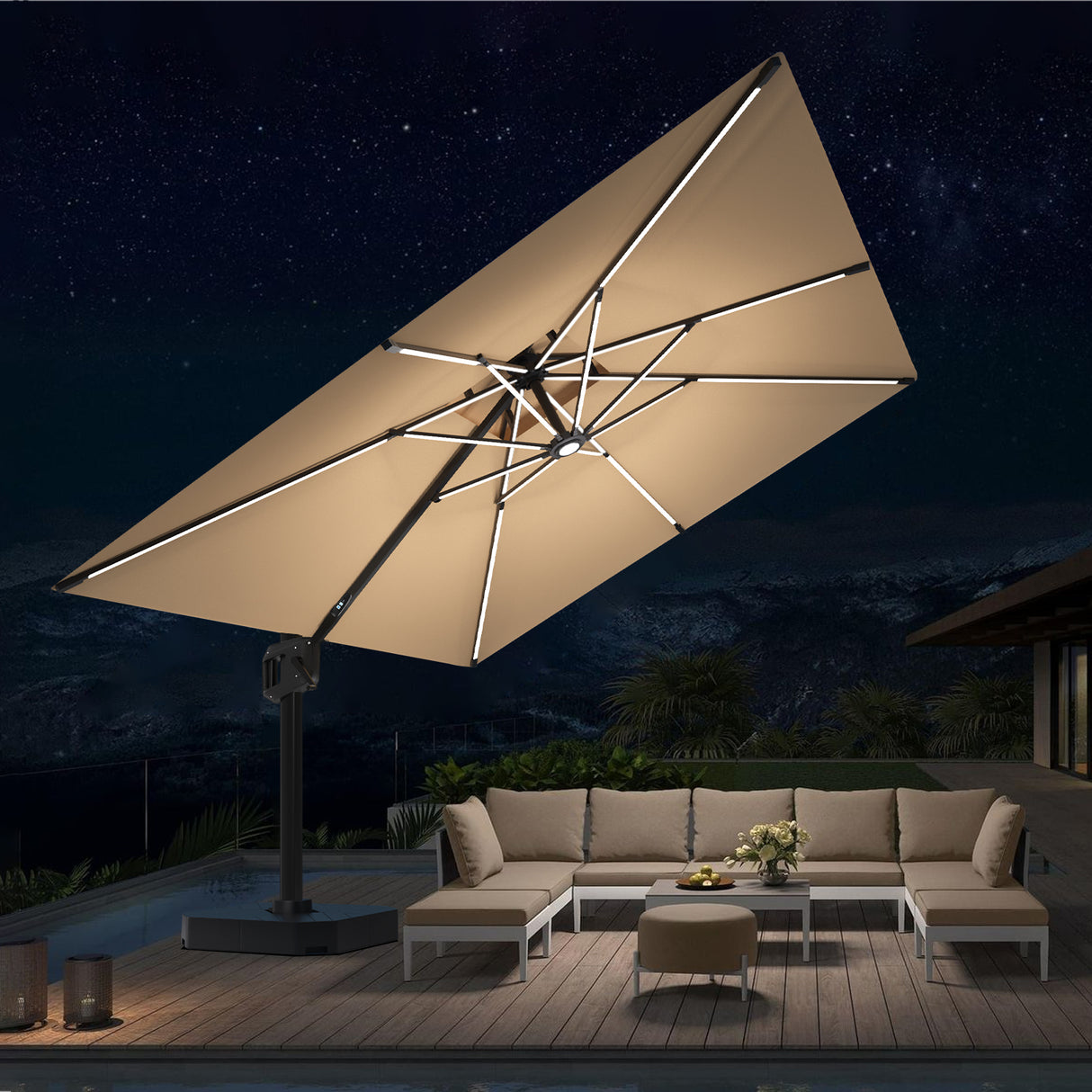 Patioslife tan cantilever patio umbrella with LED lights over outdoor sofa on a night deck