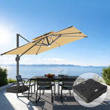 Patioslife tan cantilever patio umbrella with weighted base over ocean view dining set