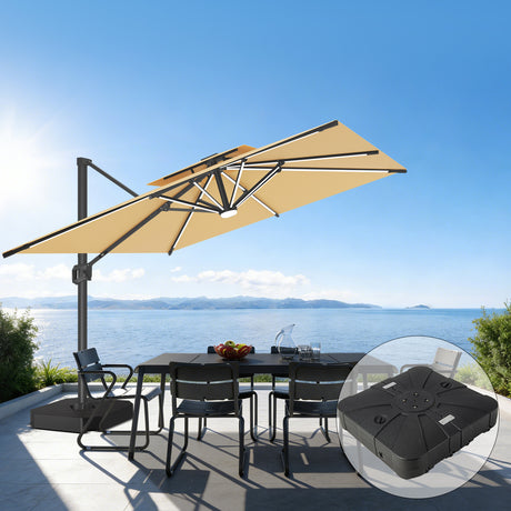 Patioslife tan cantilever patio umbrella with weighted base over ocean view dining set