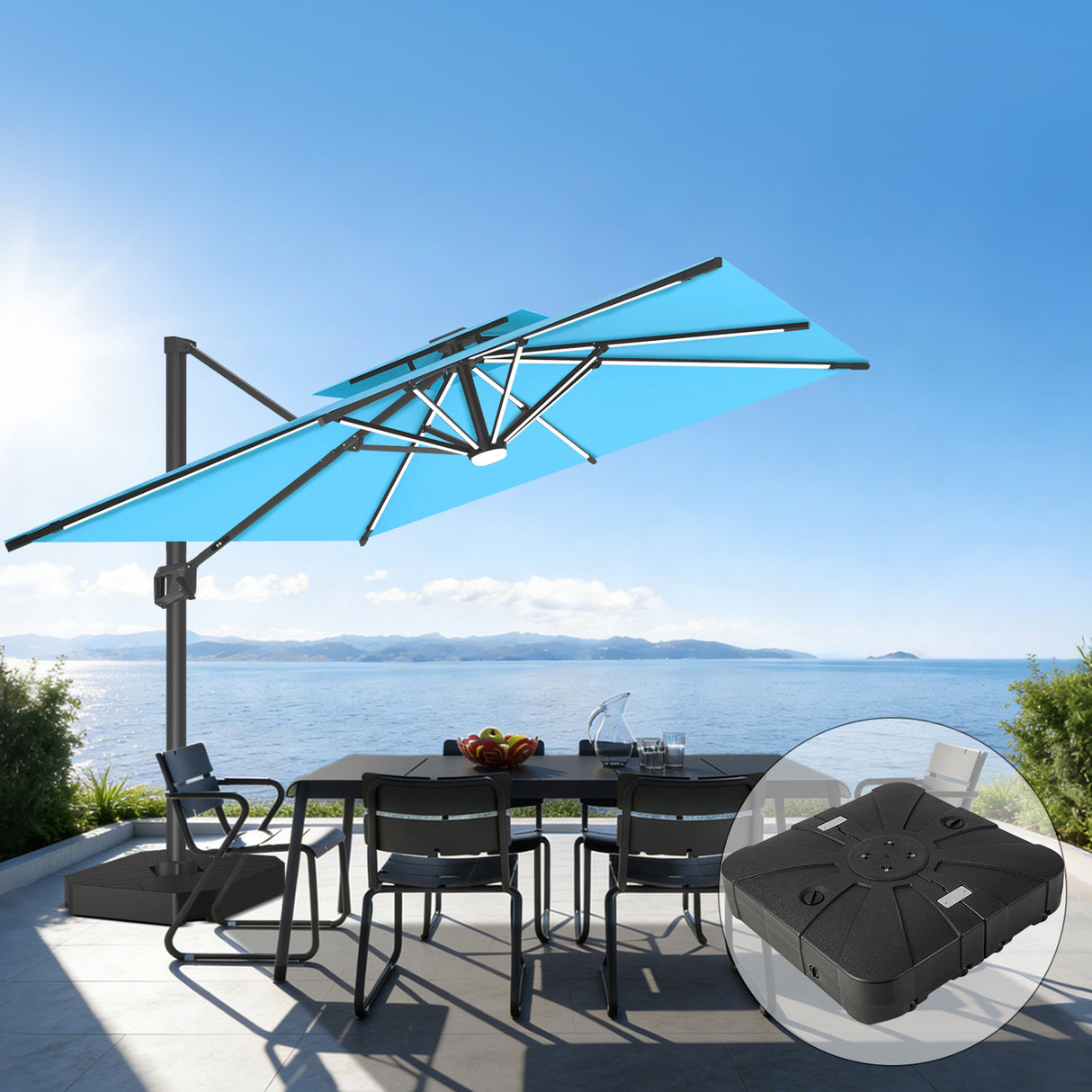 Patioslife turquoise cantilever parasol with weighted base over outdoor dining set by sea view