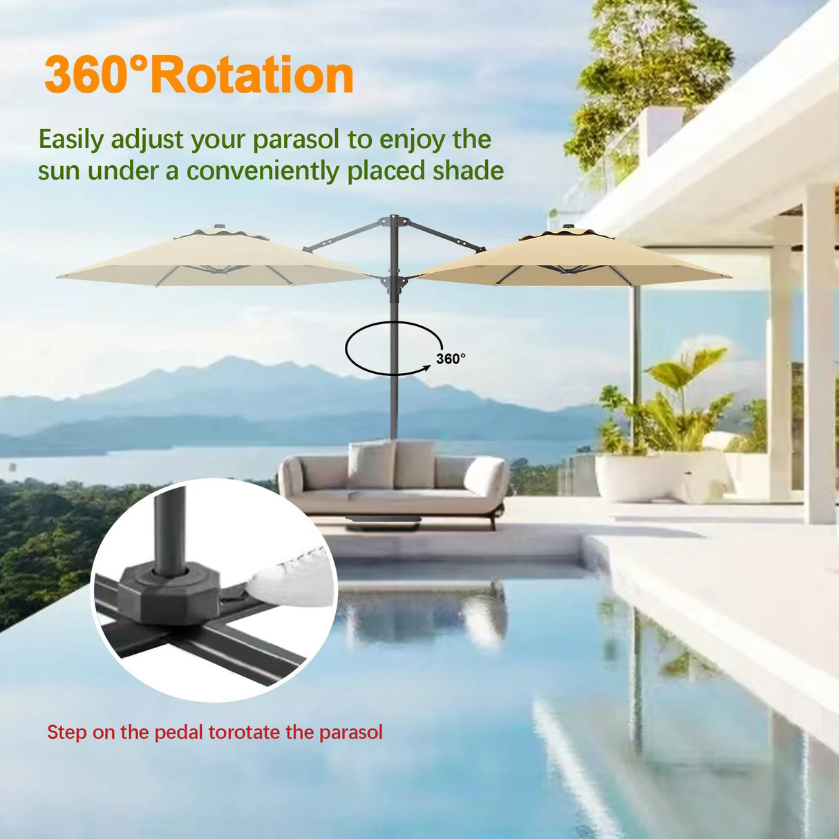 Patioslife Aegis Pro™ All-in-One Shade Round Cantilever Patio Parasol with solar LED lights | Premium Cover | Large Base