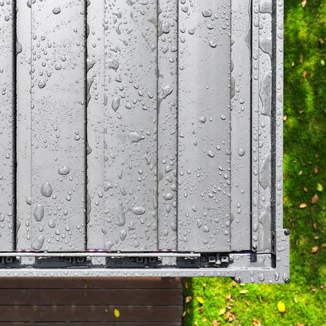 Patioslife Atlantic weatherproof aluminium louvered roof close up with rain droplets for water resistant outdoor pergola protection
