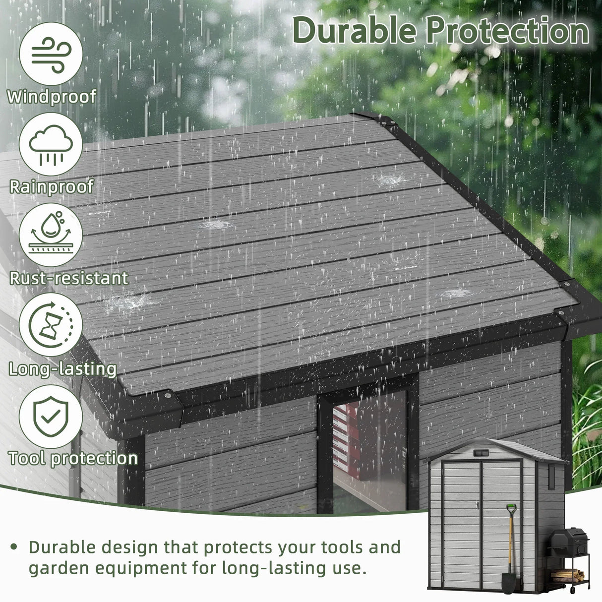 Patioslife grey outdoor storage shed with rainproof roof and durable protection for garden tools