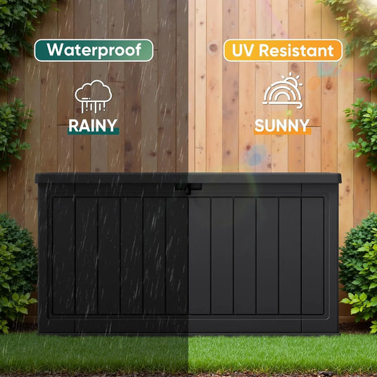 Weatherproof outdoor deck box with UV resistant and waterproof resin construction for rainy and sunny garden use